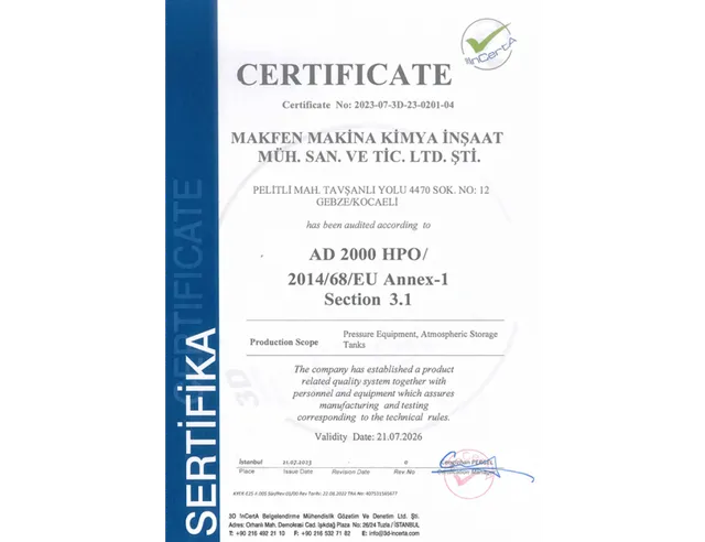 Certificat AD 2000 / PED : Conformité des équipements sous pression, délivré par 3D InCertA