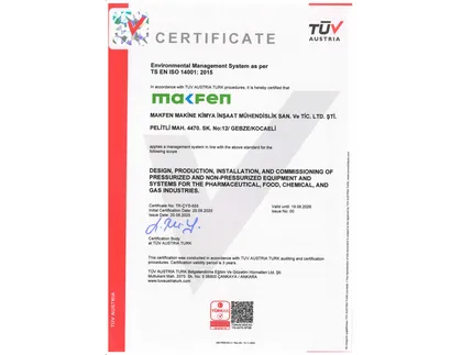 Certificat ISO 14001:2015 : Système de management environnemental, délivré par TÜV Austria Türk
