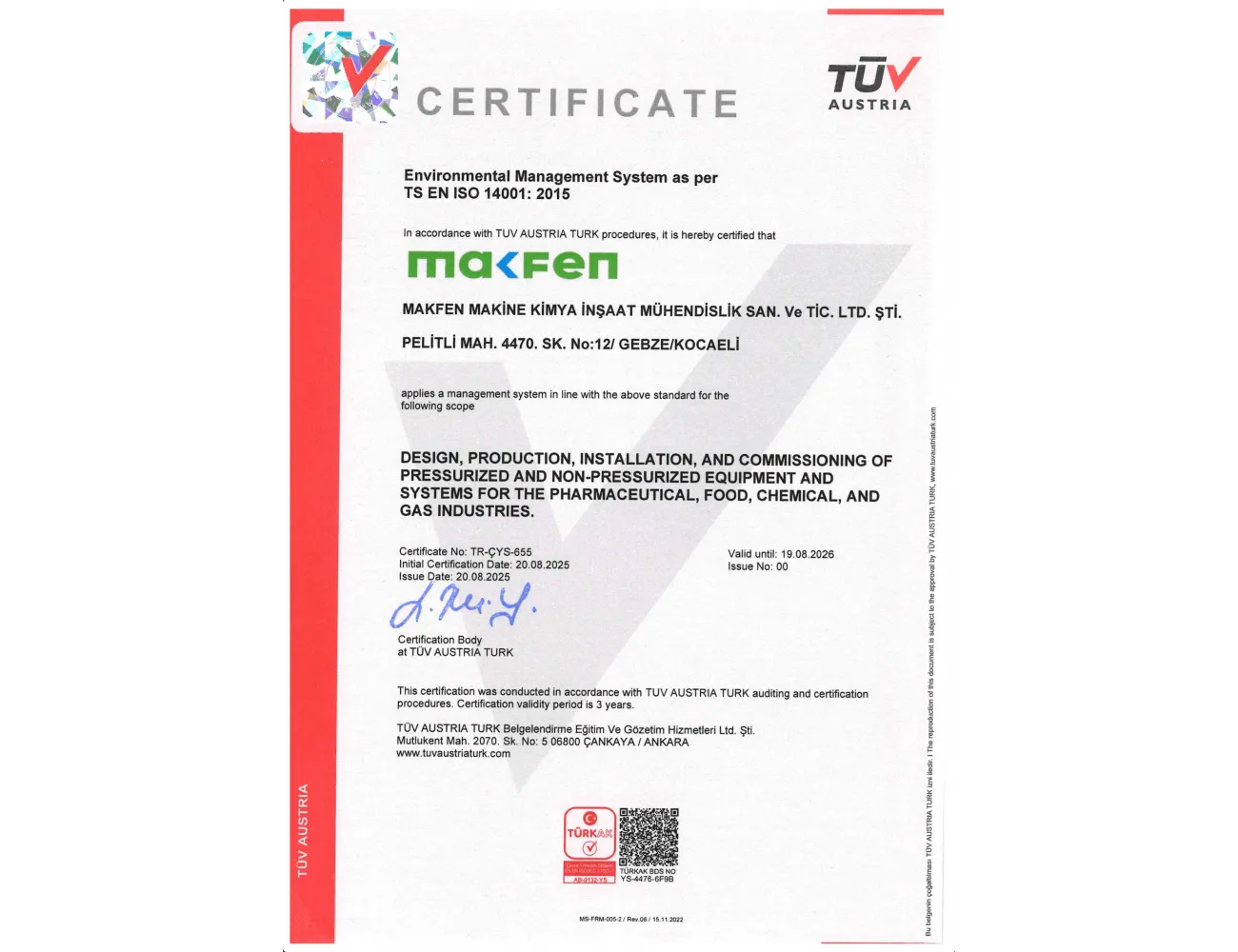 Certificat ISO 14001:2015 : Système de management environnemental, délivré par TÜV Austria Türk
