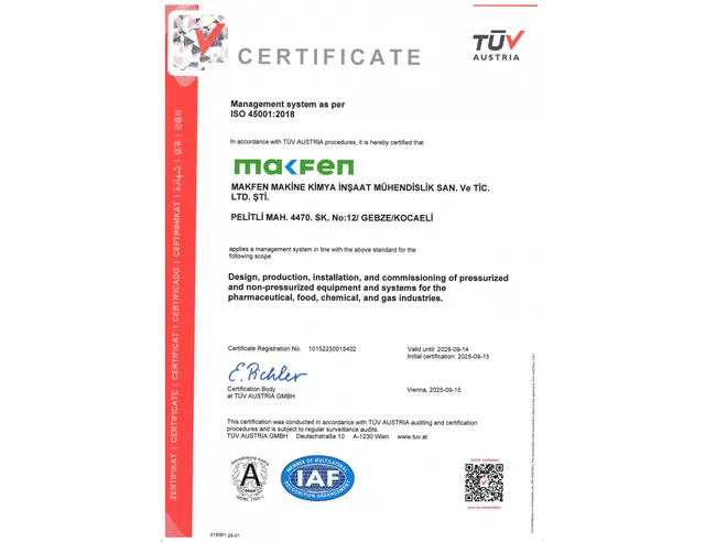Certificat ISO 45001:2018 : Management de la santé et de la sécurité au travail, délivré par TÜV Austria GmbH