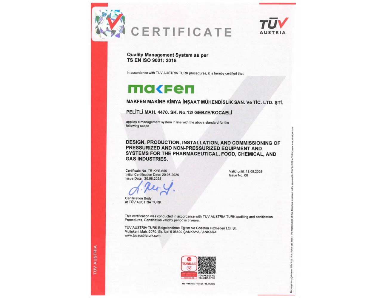 گواهی ISO 9001:2015: سیستم مدیریت کیفیت، صادرشده توسط TÜV Austria Türk